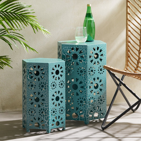 English Elm Eliana Outdoor Iron Nesting Side Tables with Sunburst Cutout and Crackle Finish Patio Accent Set Teal 69740.00CT