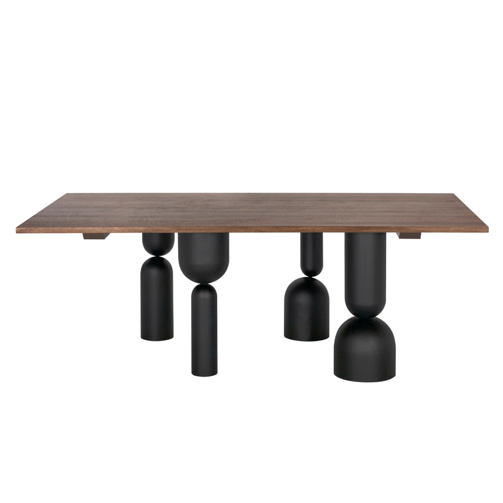 Leandra Rectangular Walnut Veneer Dining Table with Sculptural Matte Black Iron Legs