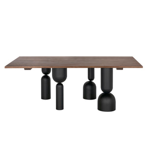 Leandra Rectangular Walnut Veneer Dining Table with Sculptural Matte Black Iron Legs