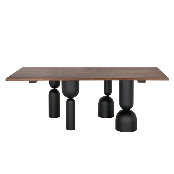 Leandra Rectangular Walnut Veneer Dining Table with Sculptural Matte Black Iron Legs