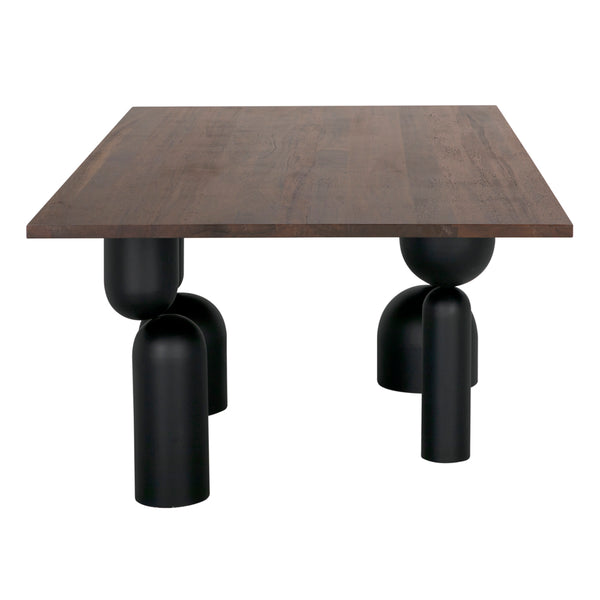Leandra Rectangular Walnut Veneer Dining Table with Sculptural Matte Black Iron Legs