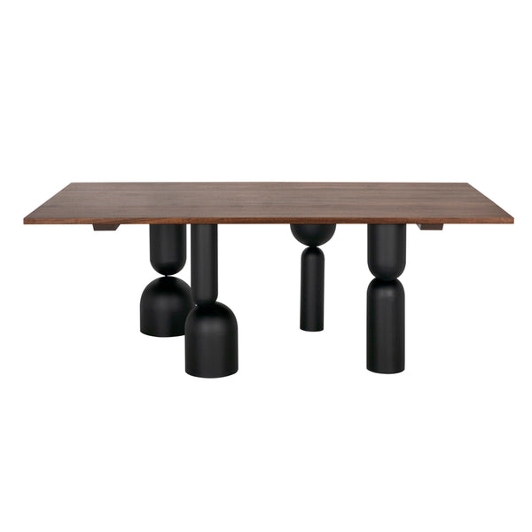 Leandra Rectangular Walnut Veneer Dining Table with Sculptural Matte Black Iron Legs