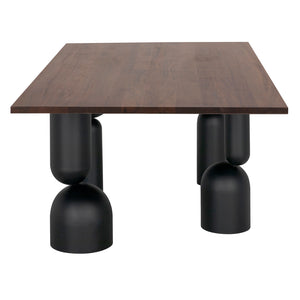 Leandra Rectangular Walnut Veneer Dining Table with Sculptural Matte Black Iron Legs