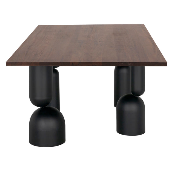 Leandra Rectangular Walnut Veneer Dining Table with Sculptural Matte Black Iron Legs