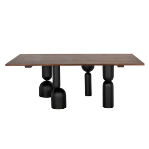 Leandra Rectangular Walnut Veneer Dining Table with Sculptural Matte Black Iron Legs