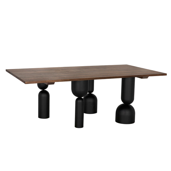 Leandra Rectangular Walnut Veneer Dining Table with Sculptural Matte Black Iron Legs