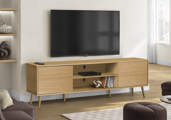 Monarch Specialties Tv Stand 72-Inch Media Console With Wood Legs, Cable Management, Closed Cabinets & Open Shelf Elegant Modern Design NATURAL I 2777