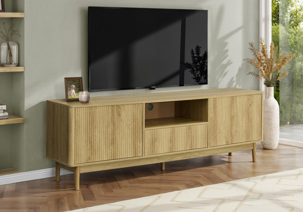 Monarch Specialties Tv Stand 72-Inch Mid-Century Media Console With Ribbed Front, Drawer & Cabinets, Cable Management WALNUT I 2834