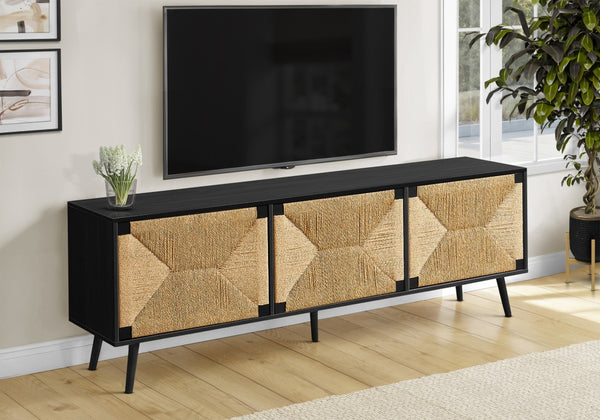 Monarch Specialties Tv Mid-Century Modern 72" Entertainment Console With Seagrass Doors, Cable Management, Solid Legs BLACK I 2782