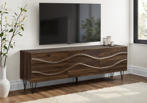 Monarch Specialties Tv Stand 72-Inches Mid-Century Modern Media Console With Wave Front, Push-Latch Doors & Metal Legs BROWN I 2828