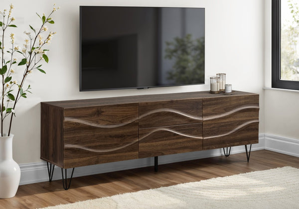 Monarch Specialties Tv Stand 72-Inches Mid-Century Modern Media Console With Wave Front, Push-Latch Doors & Metal Legs BROWN I 2828