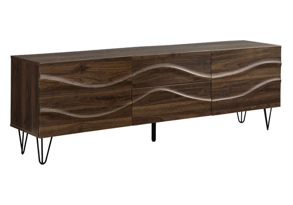 Monarch Specialties Tv Stand 72-Inches Mid-Century Modern Media Console With Wave Front, Push-Latch Doors & Metal Legs BROWN I 2828
