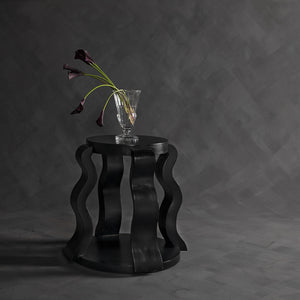 Anora Postmodern Side Table Mahogany Veneer Round Top with Sculptural Ribbon Legs