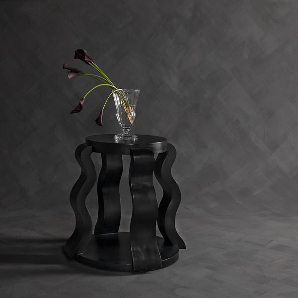 Anora Postmodern Side Table Mahogany Veneer Round Top with Sculptural Ribbon Legs