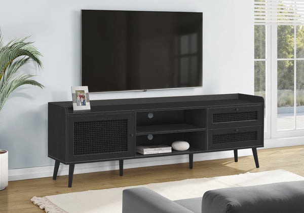 Monarch Specialties Tv Stand 72-Inches Media Console With Rattan-Front Panels, Adjustable Wood Legs, Cable Management, Warranty BLACK I 2724