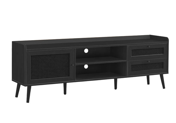 Monarch Specialties Tv Stand 72-Inches Media Console With Rattan-Front Panels, Adjustable Wood Legs, Cable Management, Warranty BLACK I 2724