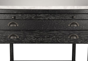 Artemio Side Table White Marble Top Walnut Body with Brass Accents and Two Drawers
