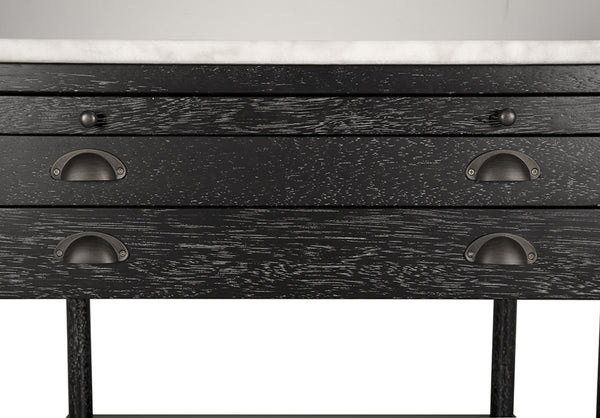 Artemio Side Table White Marble Top Walnut Body with Brass Accents and Two Drawers