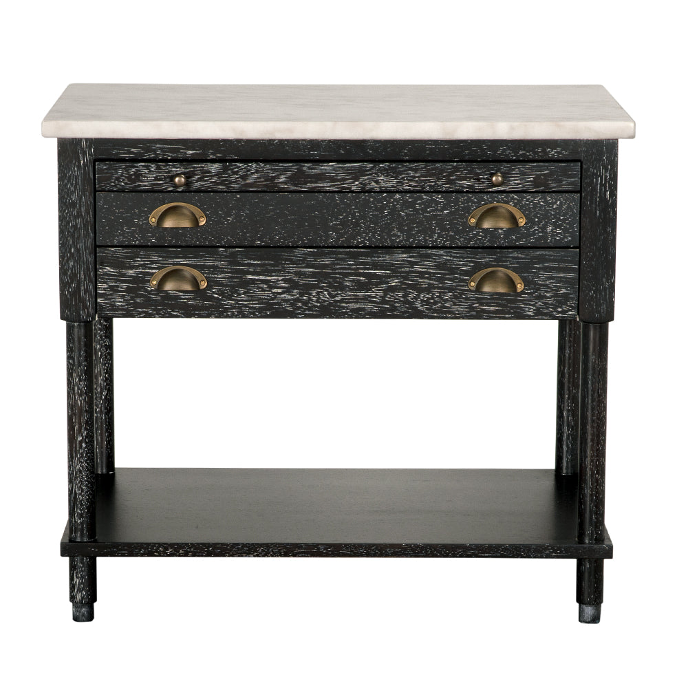 Artemio Side Table White Marble Top Walnut Body with Brass Accents and Two Drawers