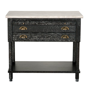 Artemio Side Table White Marble Top Walnut Body with Brass Accents and Two Drawers