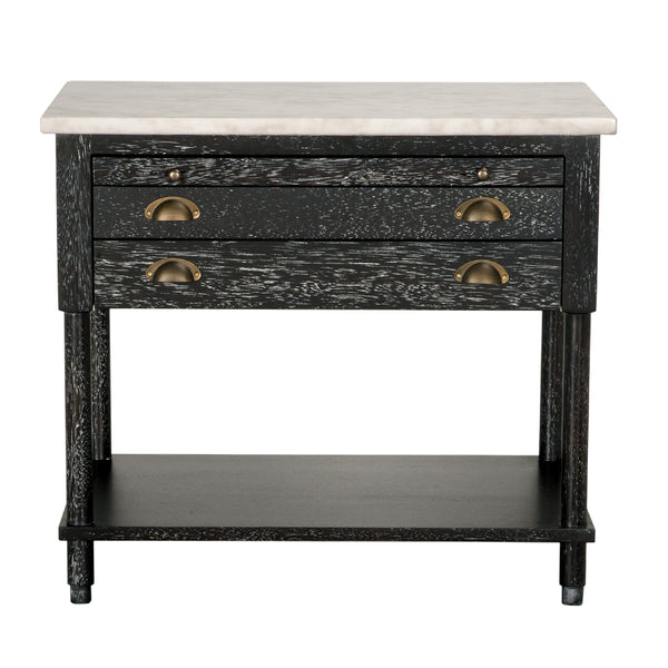 Artemio Side Table White Marble Top Walnut Body with Brass Accents and Two Drawers