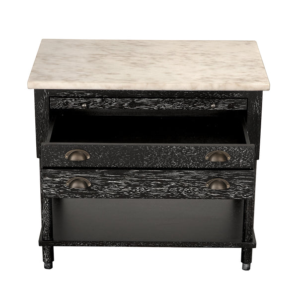 Artemio Side Table White Marble Top Walnut Body with Brass Accents and Two Drawers