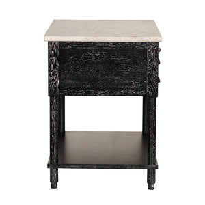 Artemio Side Table White Marble Top Walnut Body with Brass Accents and Two Drawers