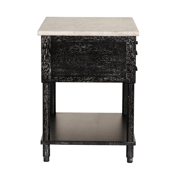 Artemio Side Table White Marble Top Walnut Body with Brass Accents and Two Drawers