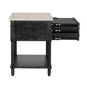 Artemio Side Table White Marble Top Walnut Body with Brass Accents and Two Drawers