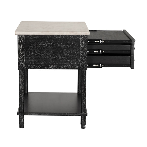 Artemio Side Table White Marble Top Walnut Body with Brass Accents and Two Drawers