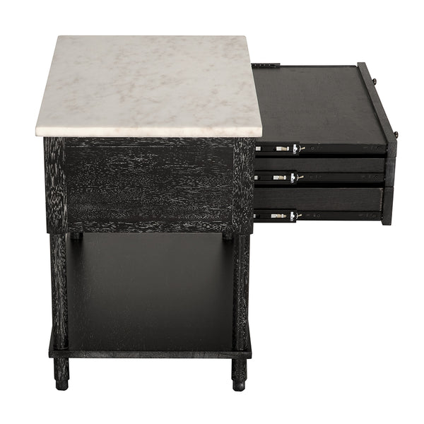 Artemio Side Table White Marble Top Walnut Body with Brass Accents and Two Drawers
