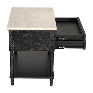 Artemio Side Table White Marble Top Walnut Body with Brass Accents and Two Drawers