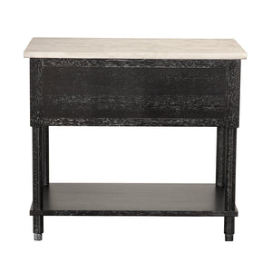 Artemio Side Table White Marble Top Walnut Body with Brass Accents and Two Drawers