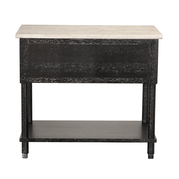 Artemio Side Table White Marble Top Walnut Body with Brass Accents and Two Drawers