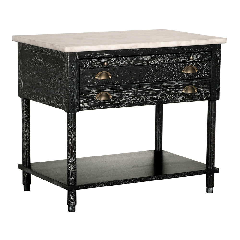 Artemio Side Table White Marble Top Walnut Body with Brass Accents and Two Drawers