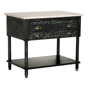 Artemio Side Table White Marble Top Walnut Body with Brass Accents and Two Drawers
