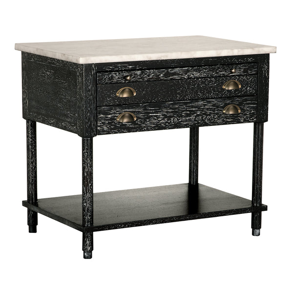 Artemio Side Table White Marble Top Walnut Body with Brass Accents and Two Drawers