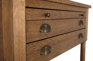 Artemio Side Table Dark Walnut Veneer with Brass Accents and Pull-out Writing Tray