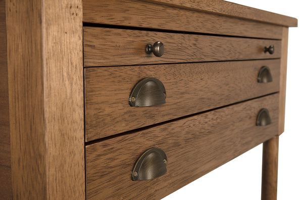Artemio Side Table Dark Walnut Veneer with Brass Accents and Pull-out Writing Tray
