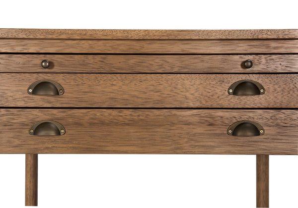 Artemio Side Table Dark Walnut Veneer with Brass Accents and Pull-out Writing Tray