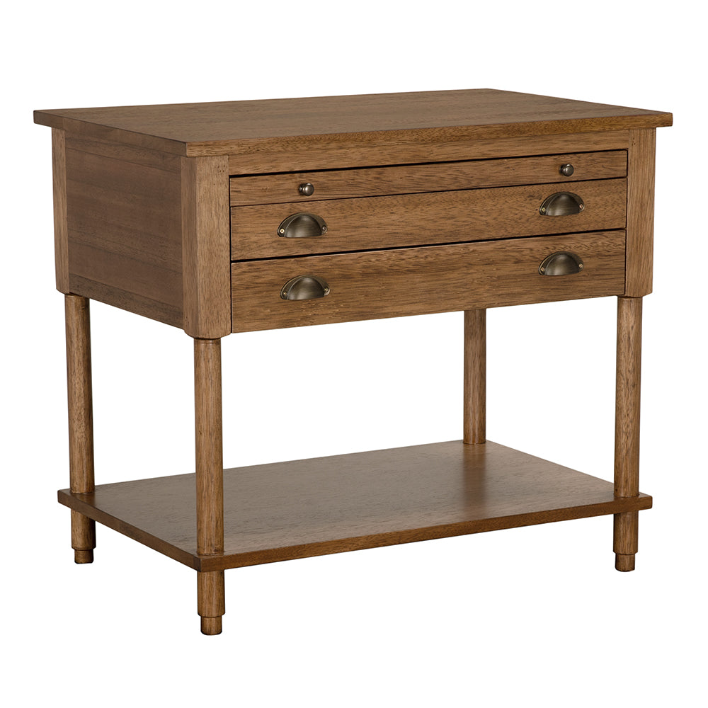 Artemio Side Table Dark Walnut Veneer with Brass Accents and Pull-out Writing Tray