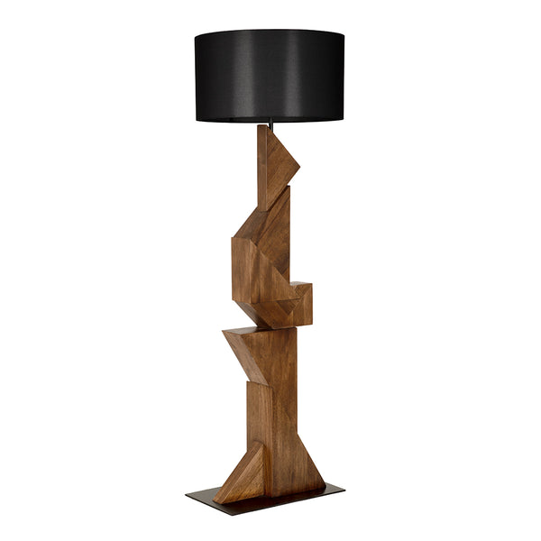 Enigma I Sculptural Walnut Block Floor Lamp with Matte Black Drum Shade for Modern Rooms