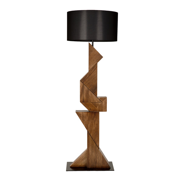 Enigma I Sculptural Walnut Block Floor Lamp with Matte Black Drum Shade for Modern Rooms