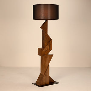Enigma I Sculptural Walnut Block Floor Lamp with Matte Black Drum Shade for Modern Rooms