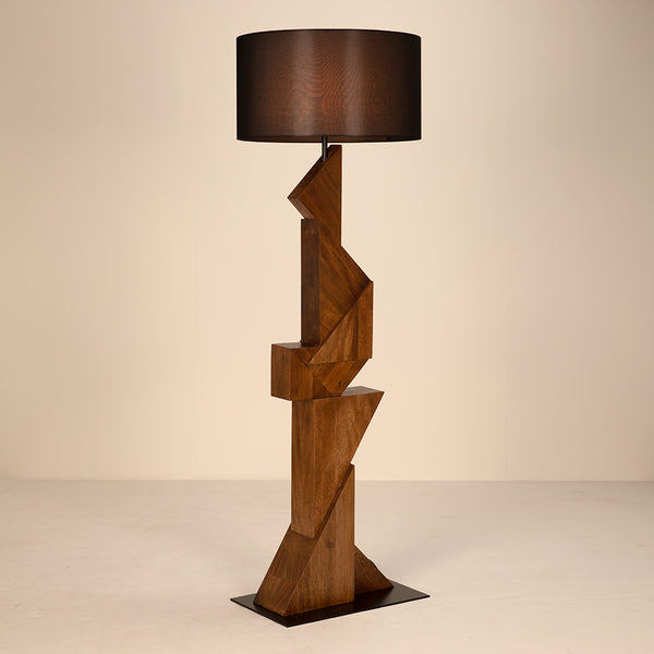 Enigma I Sculptural Walnut Block Floor Lamp with Matte Black Drum Shade for Modern Rooms