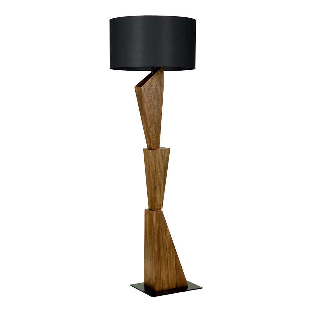 Enigma I Sculptural Walnut Block Floor Lamp with Matte Black Drum Shade for Modern Rooms