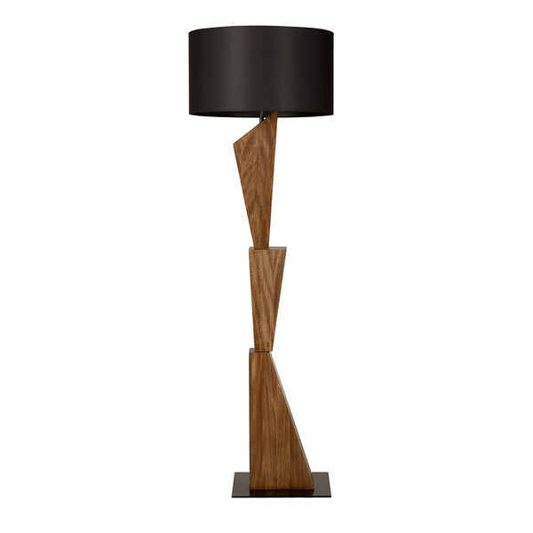 Enigma I Sculptural Walnut Block Floor Lamp with Matte Black Drum Shade for Modern Rooms