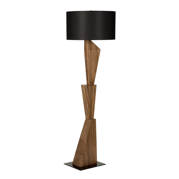 Enigma I Sculptural Walnut Block Floor Lamp with Matte Black Drum Shade for Modern Rooms