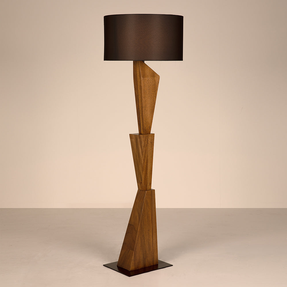 Enigma I Sculptural Walnut Block Floor Lamp with Matte Black Drum Shade for Modern Rooms