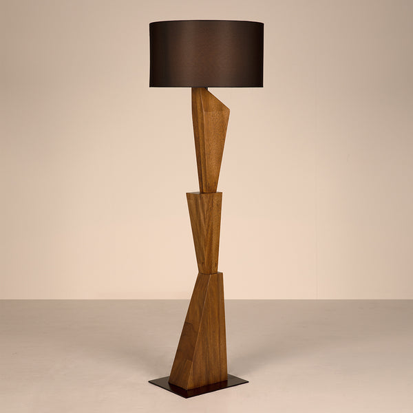 Enigma I Sculptural Walnut Block Floor Lamp with Matte Black Drum Shade for Modern Rooms
